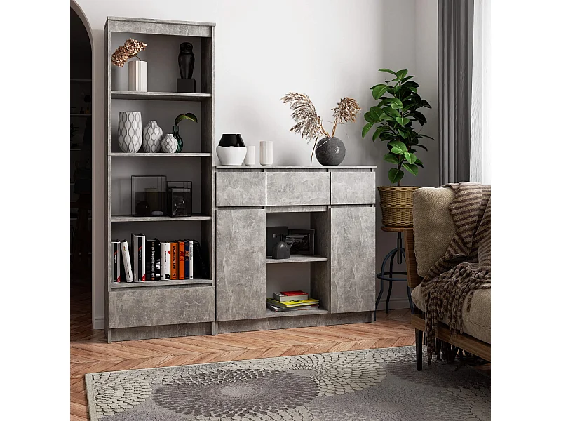 Cômoda Clássica K100 2D 3G 1P Betão Mat, 101x98x35cm, 6 Prateleiras, 3 Gavetas, Portas de Bater, Montagem DIY