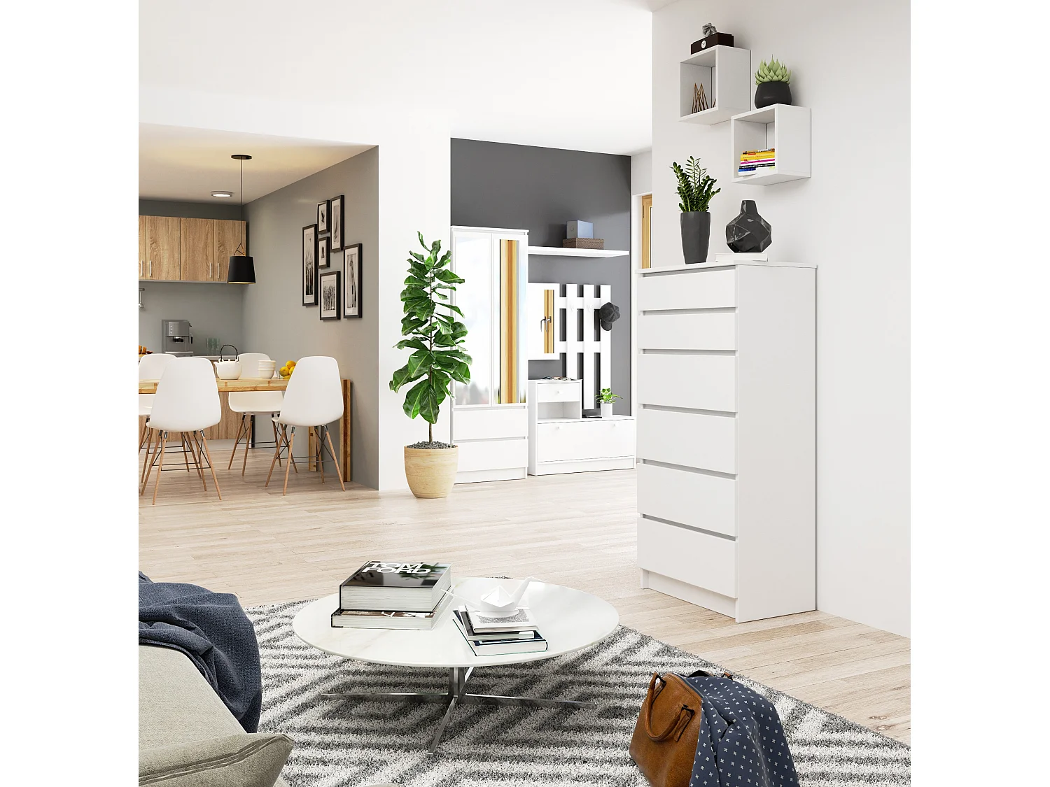 Cômoda Elegante Branca K60 com 6 Gavetas (130x60x40cm) - Mobiliário Moderno e Funcional