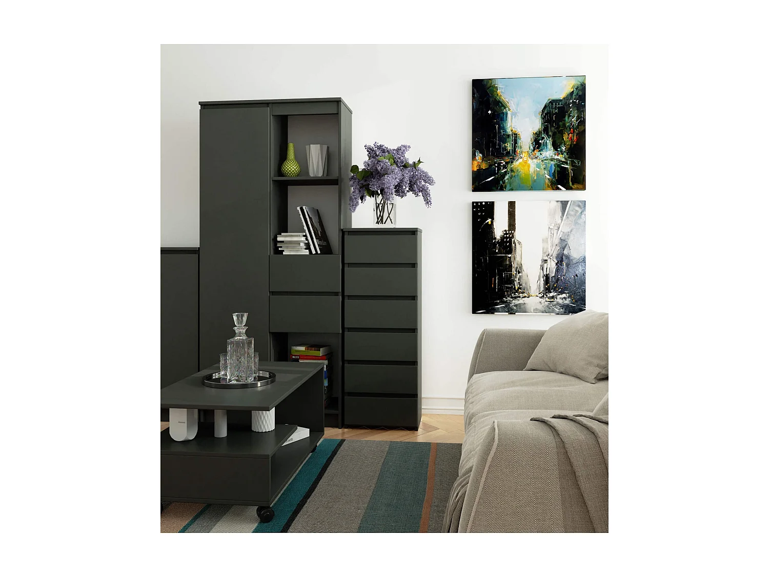 Cômoda Grafite Cinza com 6 Gavetas – Sistema Modulado, Móvel de Piso, 109x40x35 cm, Laminado 16 mm, Montagem Fácil