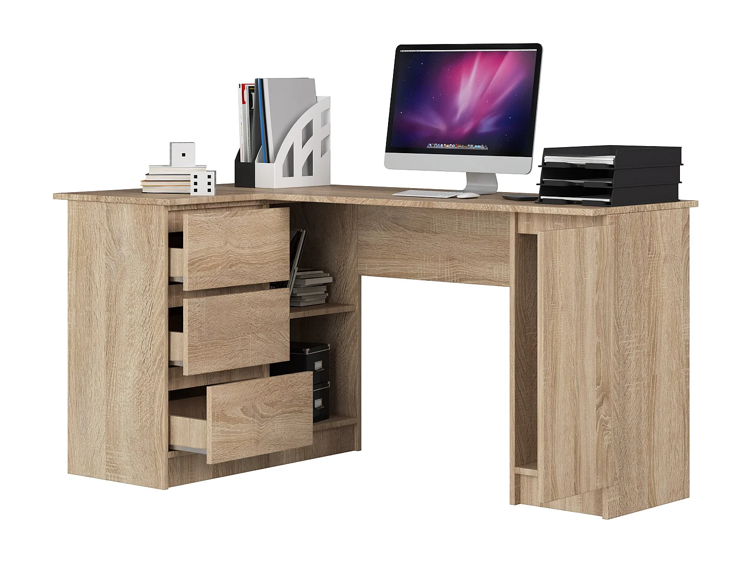 Escrivaninha de Canto B20 Esquerda Sonoma 155x77x85cm com Gavetas e Prateleiras