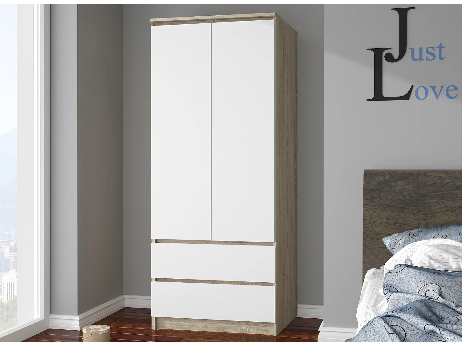 Guarda-Roupa Moderno S90 Sonoma/Banco 2 Portas 2 Gavetas - Montagem Fácil