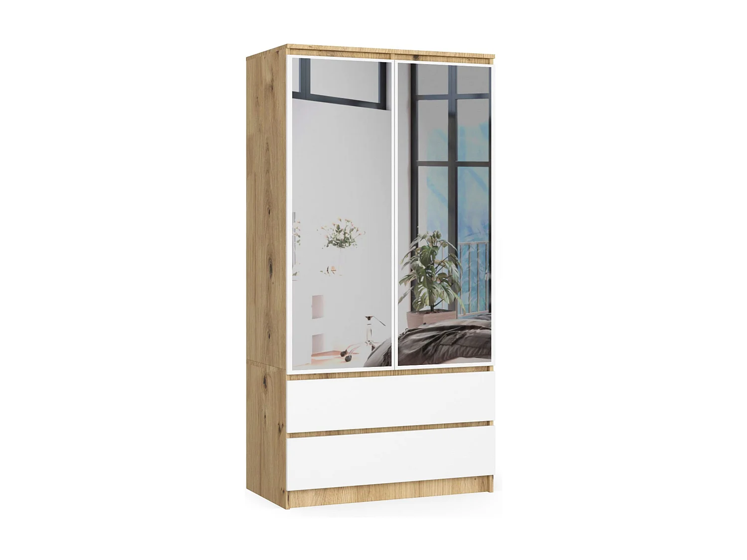 Guarda-roupa Artesanal Dąb S90, 2 Portas, 2 Gavetas c/ Espelho, Branco/Dąb, Montagem DIY