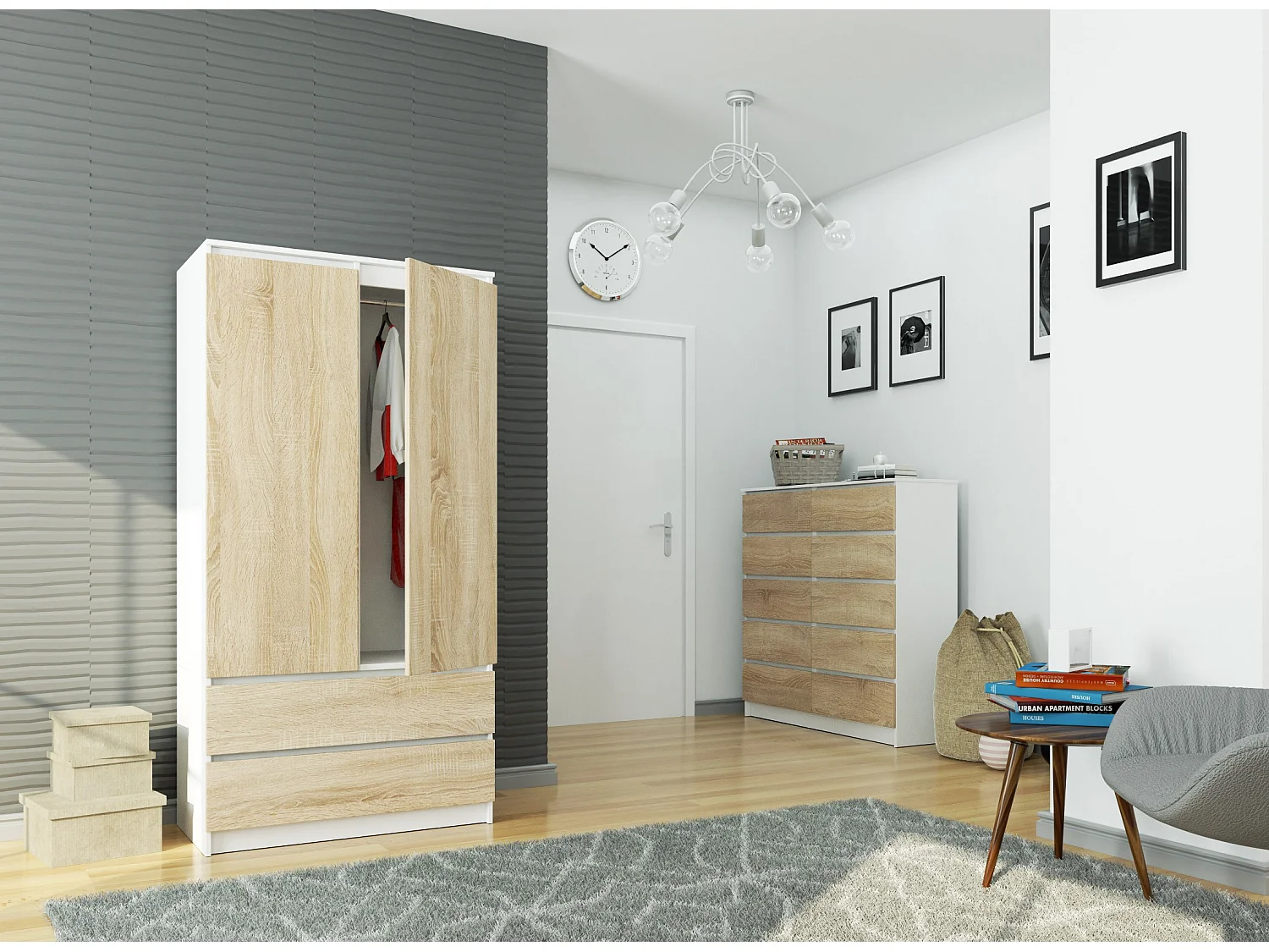 Guarda-Roupa Moderno Branco/Sonoma com 2 Portas e 2 Gavetas - 90x180x51 cm