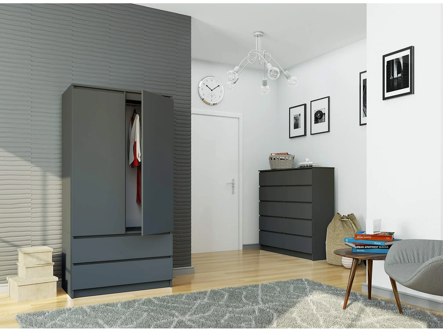 Guarda-roupa Moderno S90 com 2 Portas e 2 Gavetas - Grafite Cinza, 90cm