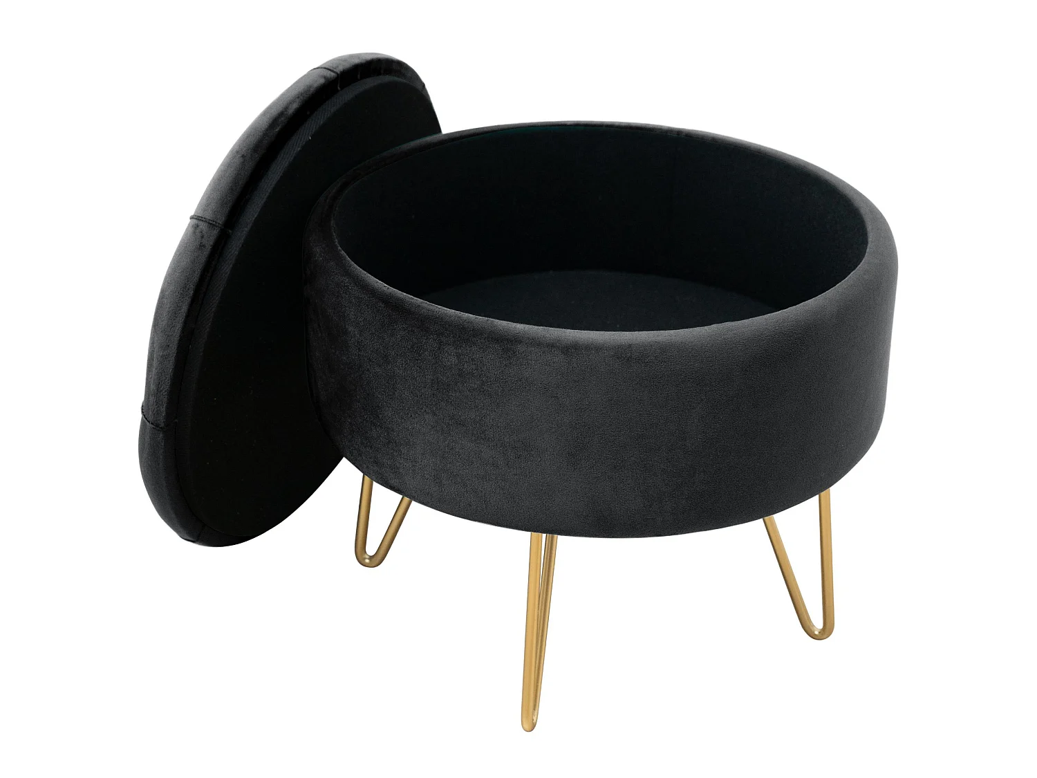 Pufe Estofado Conversível Veludo Preto com Base Dourada - Elegância Contemporânea 38x33 cm