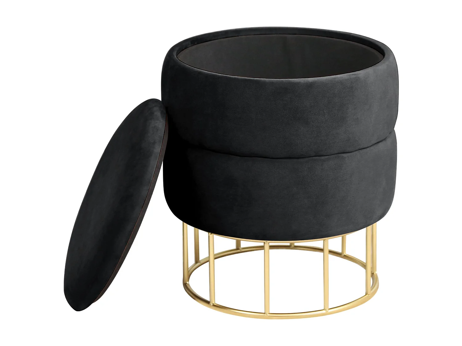 Pufe Elegante Veludo Preto com Base Dourada e Armazenamento