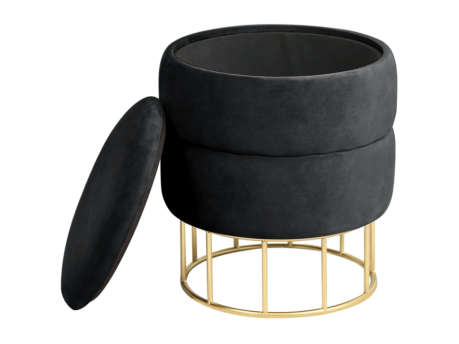 Pufe Elegante Veludo Preto com Base Dourada e Armazenamento