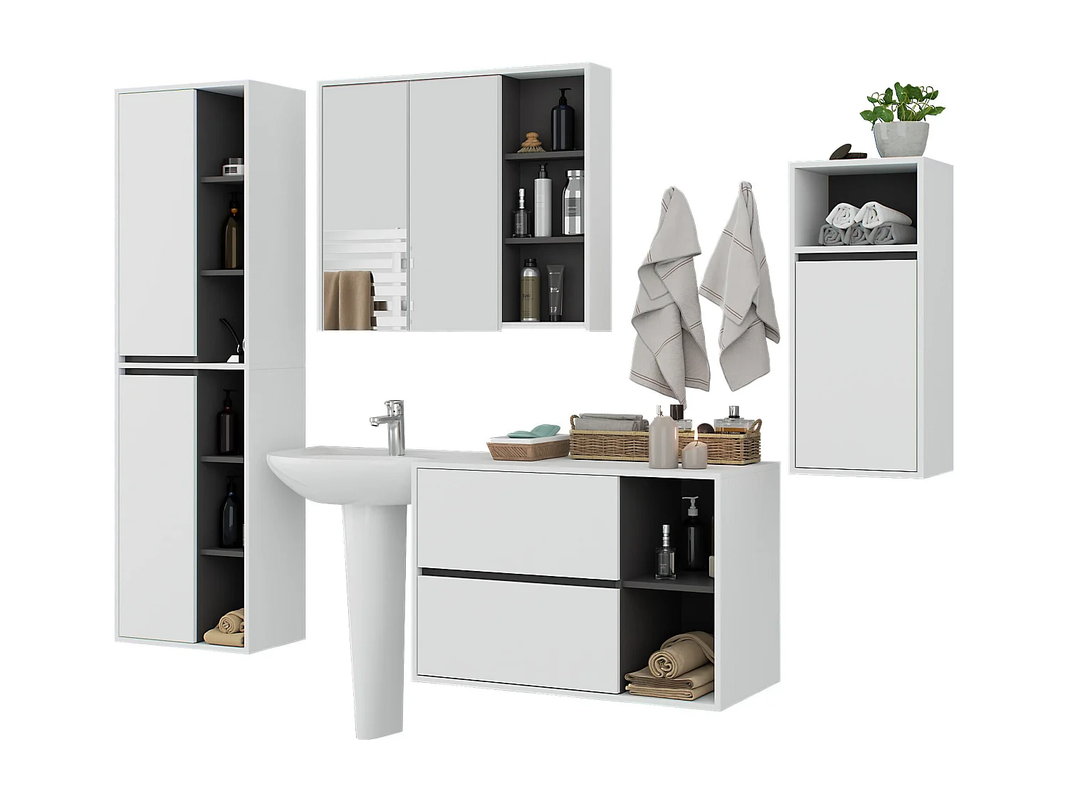 Conjunto de Móveis Banheiro Suspensos VAMI Branco/Grafite Cinza
