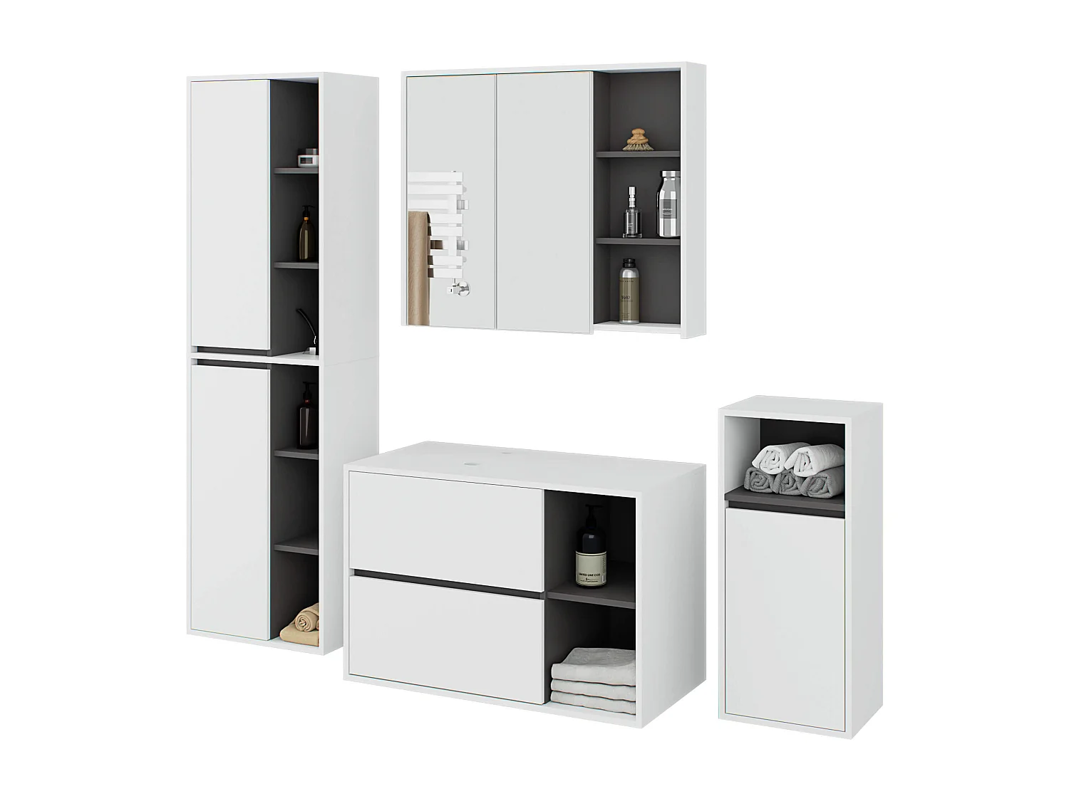 Conjunto de Móveis Suspensos VAMI p/ Banheiro - Branco/Grafite