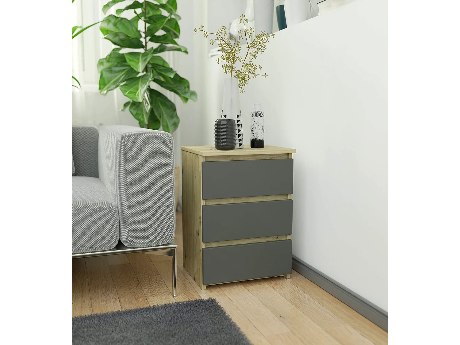 Cômoda de 3 Gavetas Carvalho Artesanal e Grafite Cinza, 40 cm, Design Elegante, Acabamento Fosco