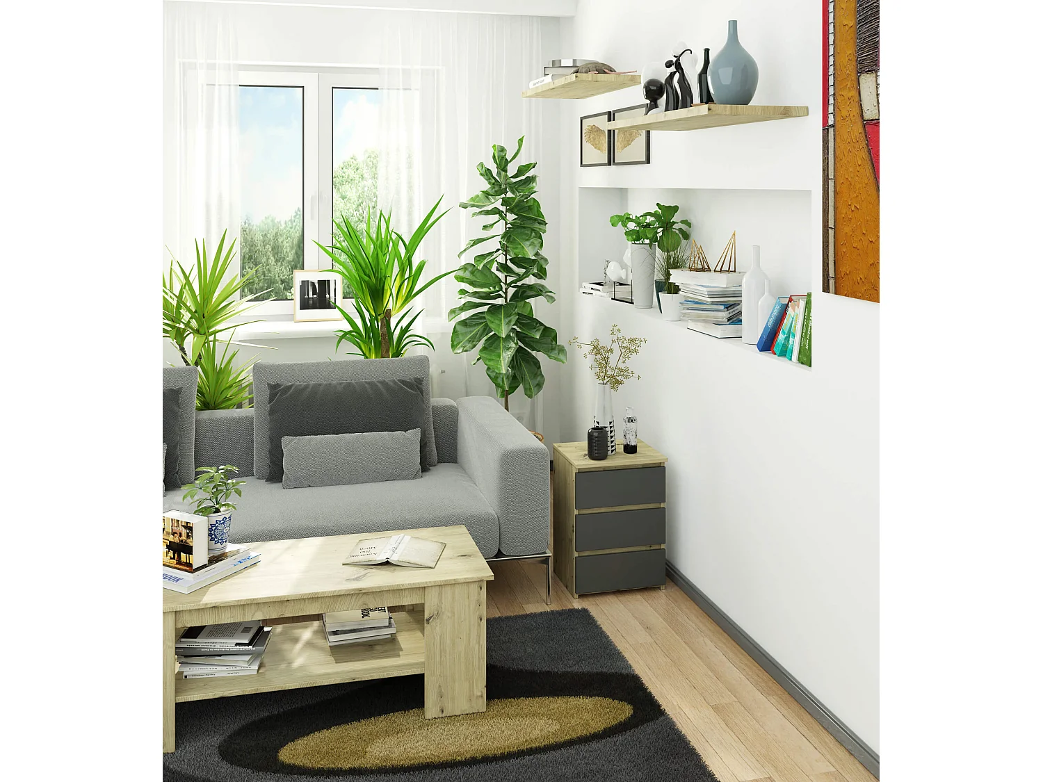 Cômoda de 3 Gavetas Carvalho Artesanal e Grafite Cinza, 40 cm, Design Elegante, Acabamento Fosco