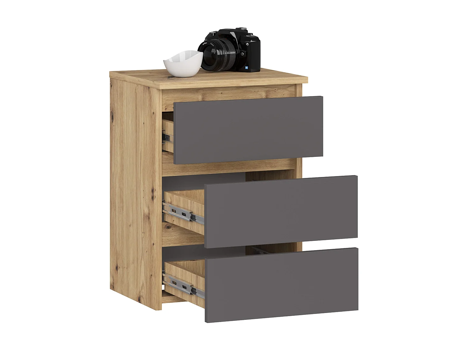 Cômoda de 3 Gavetas Carvalho Artesanal e Grafite Cinza, 40 cm, Design Elegante, Acabamento Fosco