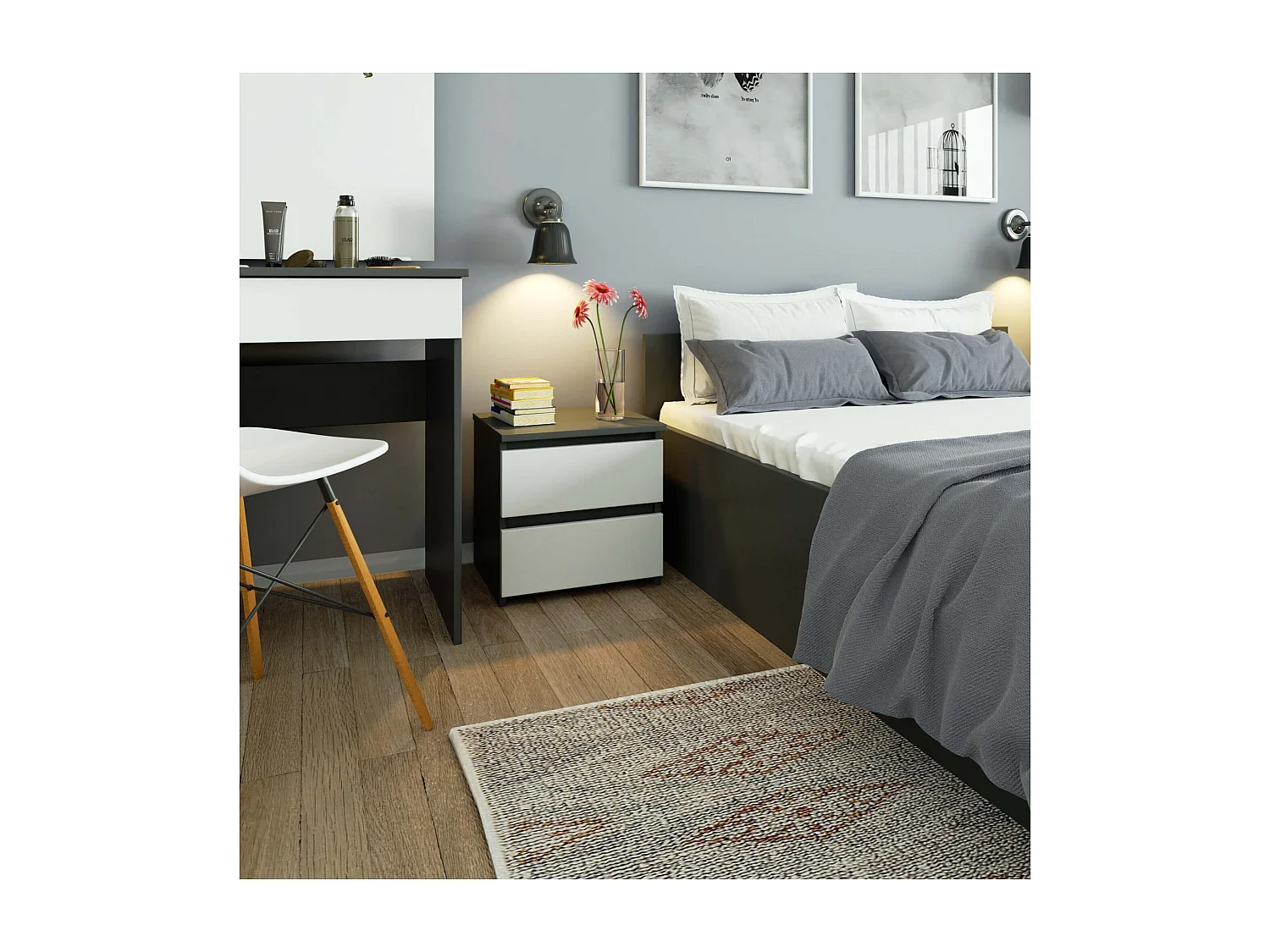 Cômoda Modernista 2 Gavetas Grafite e Branco - Montagem DIY