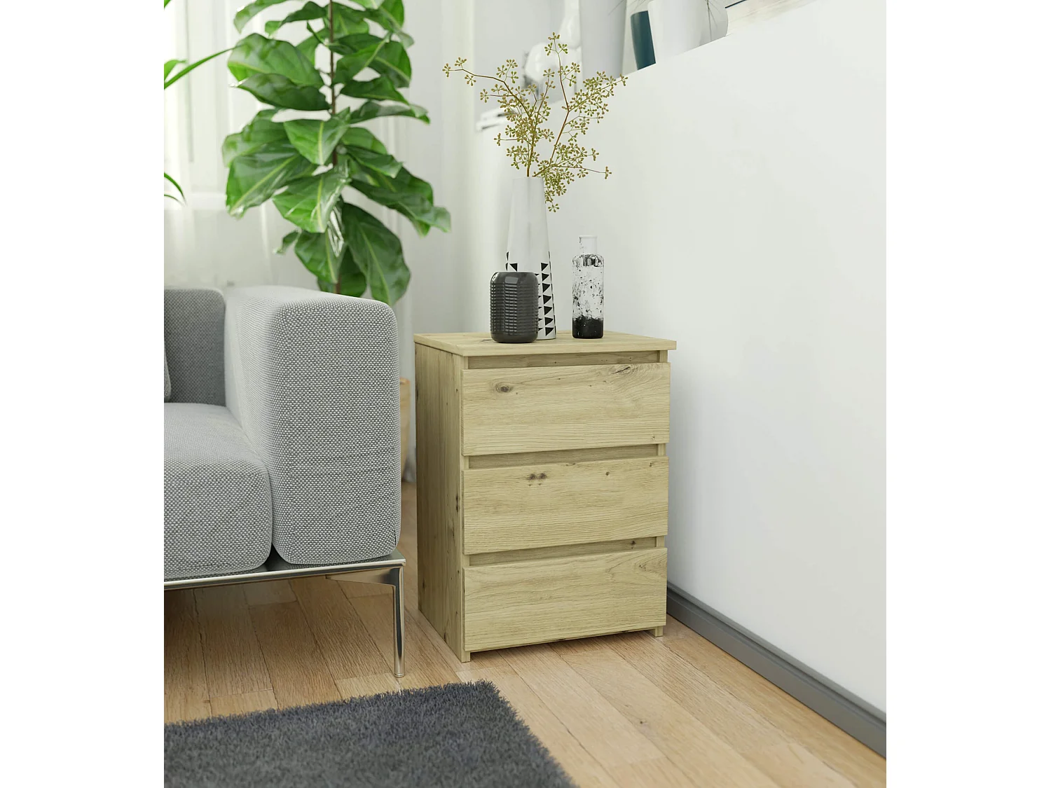 Cômoda de Madeira Artisan Dąb com 3 Gavetas - 40cm Larg, 57cm Alt, 35cm Prof, Montagem DIY