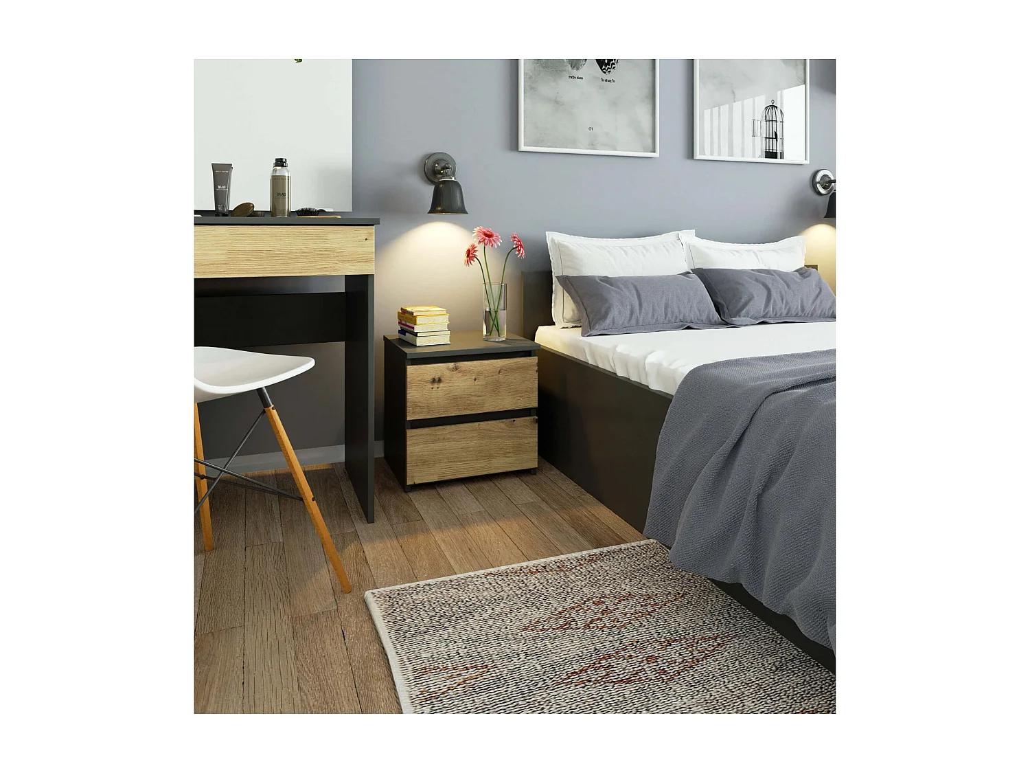 Cômoda Modern Grafite e Carvalho Artisan com 2 Gavetas - Design Compacto e Funcional