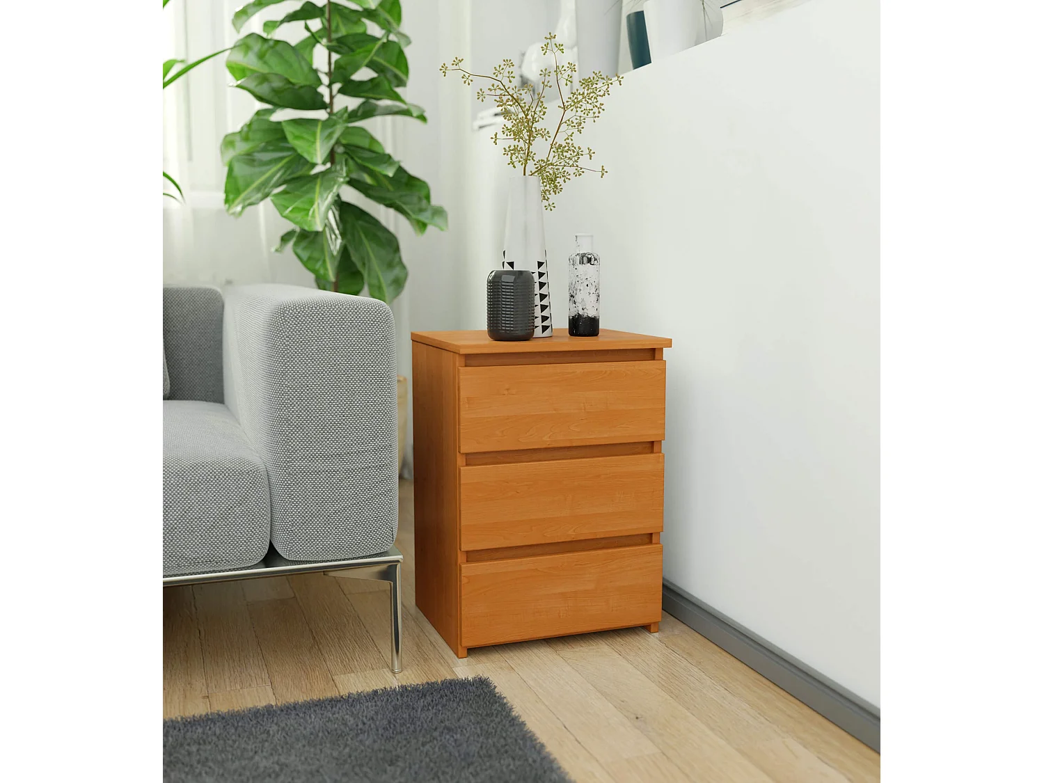 Cómoda de 3 Gavetas em Madeira Laminada Amieiro - 40x57x35 cm, Montagem DIY, Acabamento Fosco