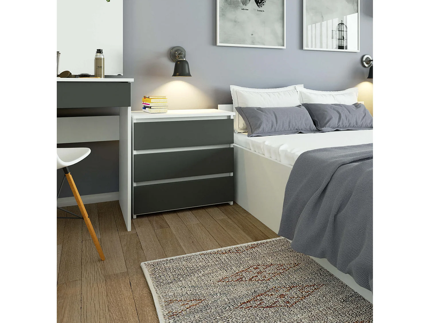 Mesa de Cabeceira Elegante 3 Gavetas 60cm - Branco/Gris