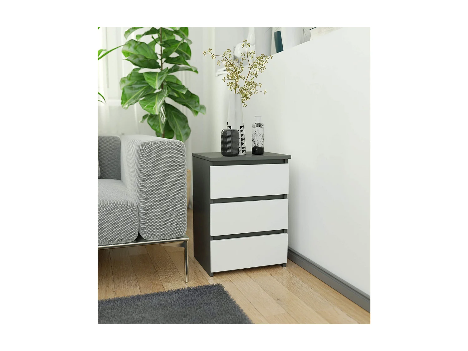Cômoda Moderna Grafite e Branco com 3 Gavetas - 40x57x35cm, Montagem Fácil