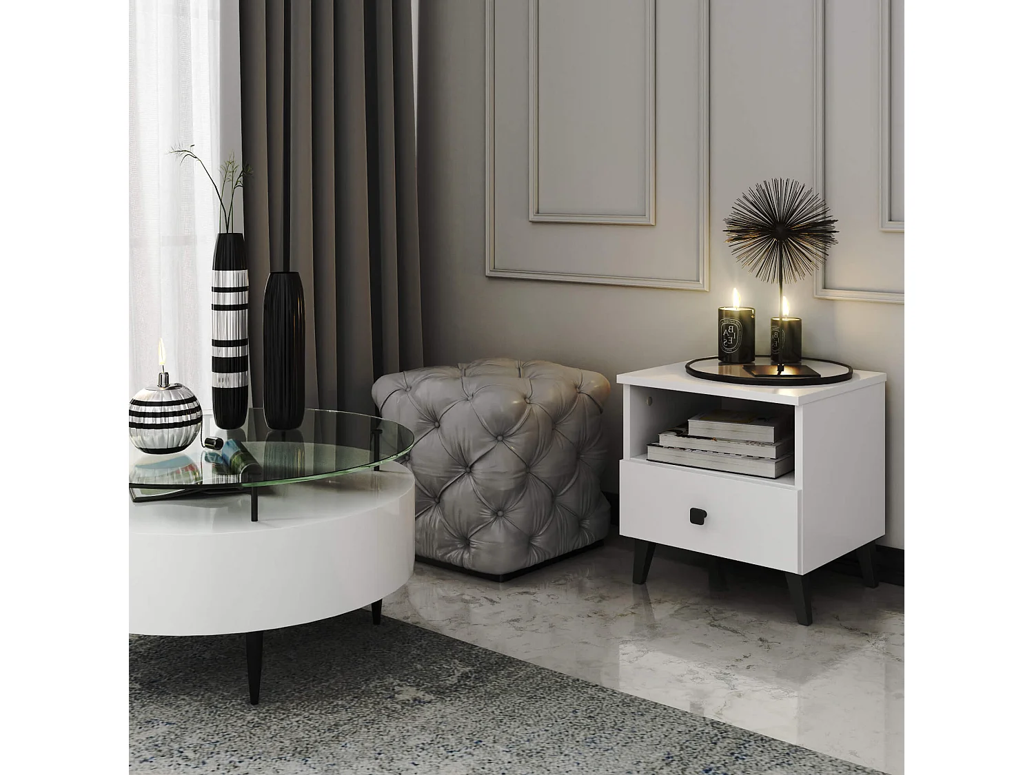 Cômoda MOBI K-01 Branco e Preto com Gaveta e Prateleira