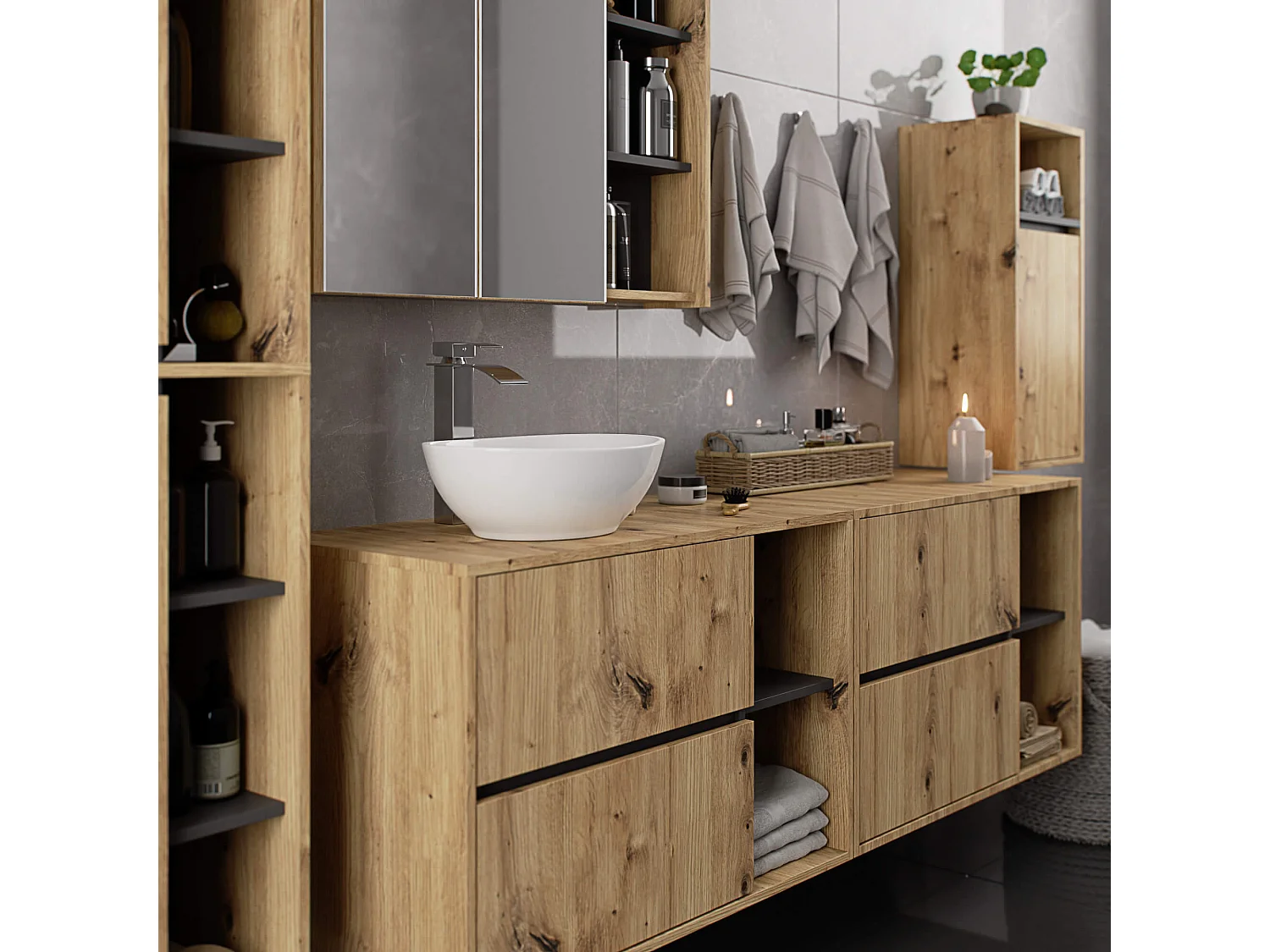 Gabinete Suspenso para Pia de Banheiro VAMI W90 2 Gav. 2 Prate. Carvalho Artisan/Cinza Grafite