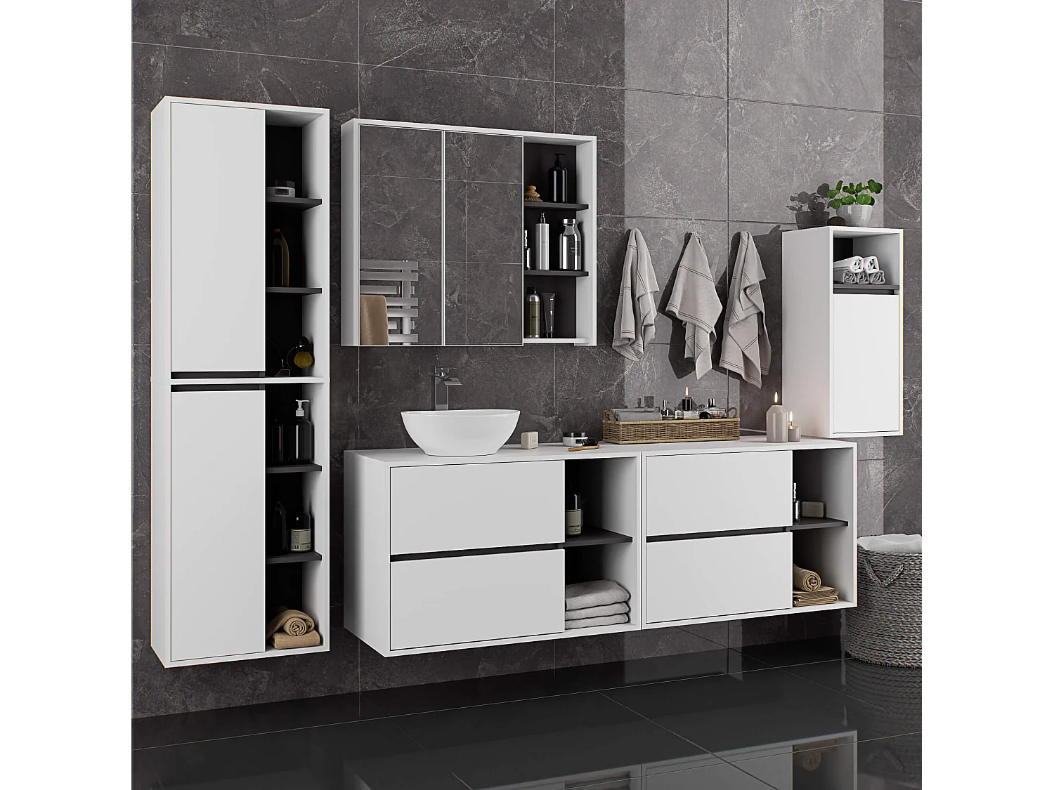 Gabinete Suspenso para Lavatório VAMI 90cm com Aberturas, 2 Gavetas e 2 Prateleiras Branco/Cinza Grafite