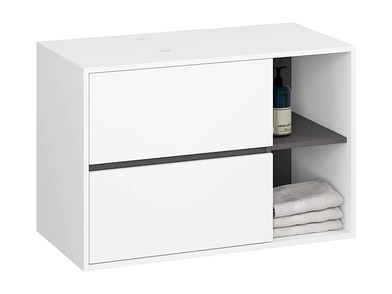 Gabinete Suspenso para Lavatório VAMI 90cm com Aberturas, 2 Gavetas e 2 Prateleiras Branco/Cinza Grafite