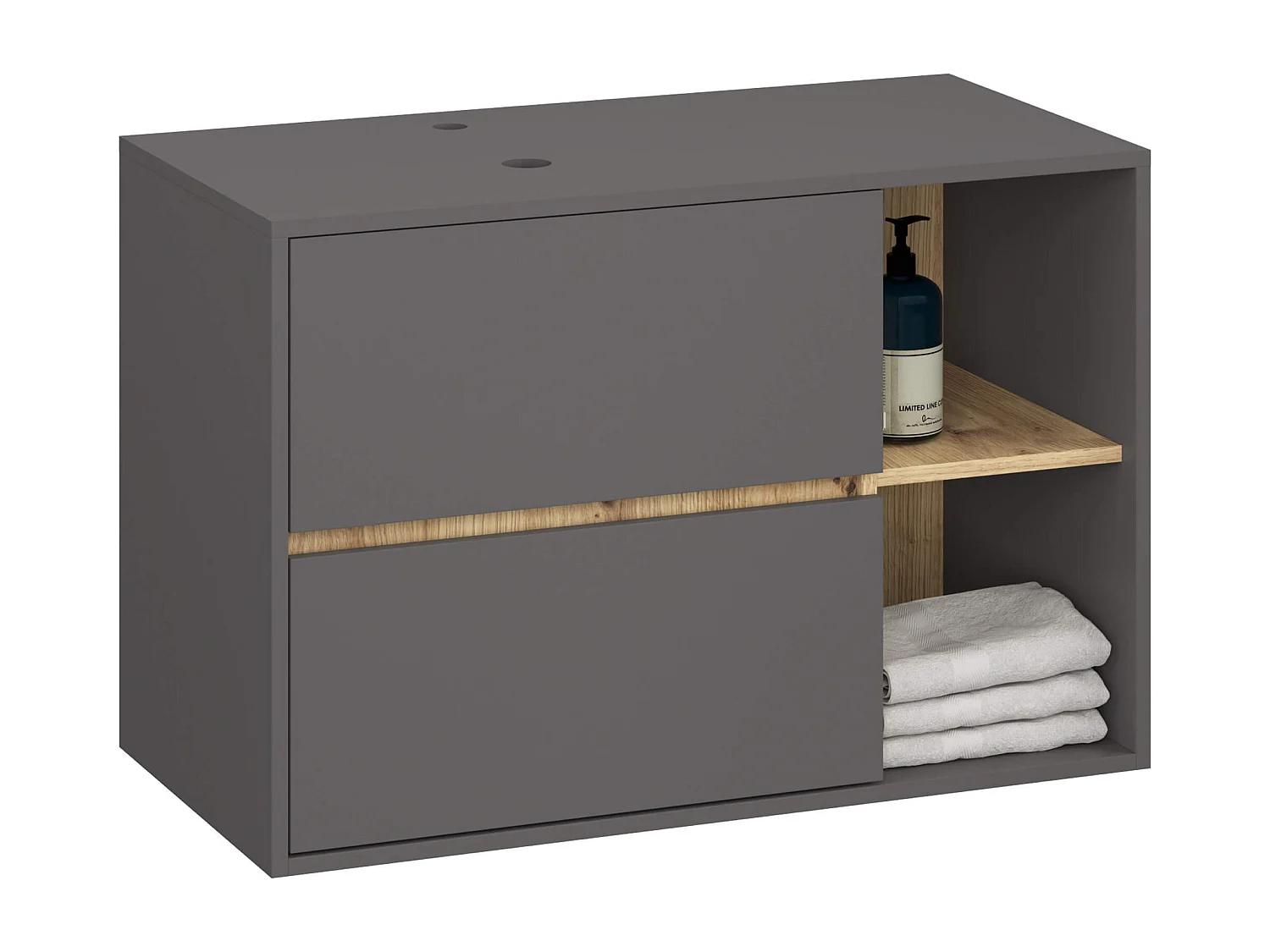 Gabinete Suspenso VAMI 90cm Grafite/Carvalho Artesanal p/ Pia - 2 Gavetas 2 Prateleiras