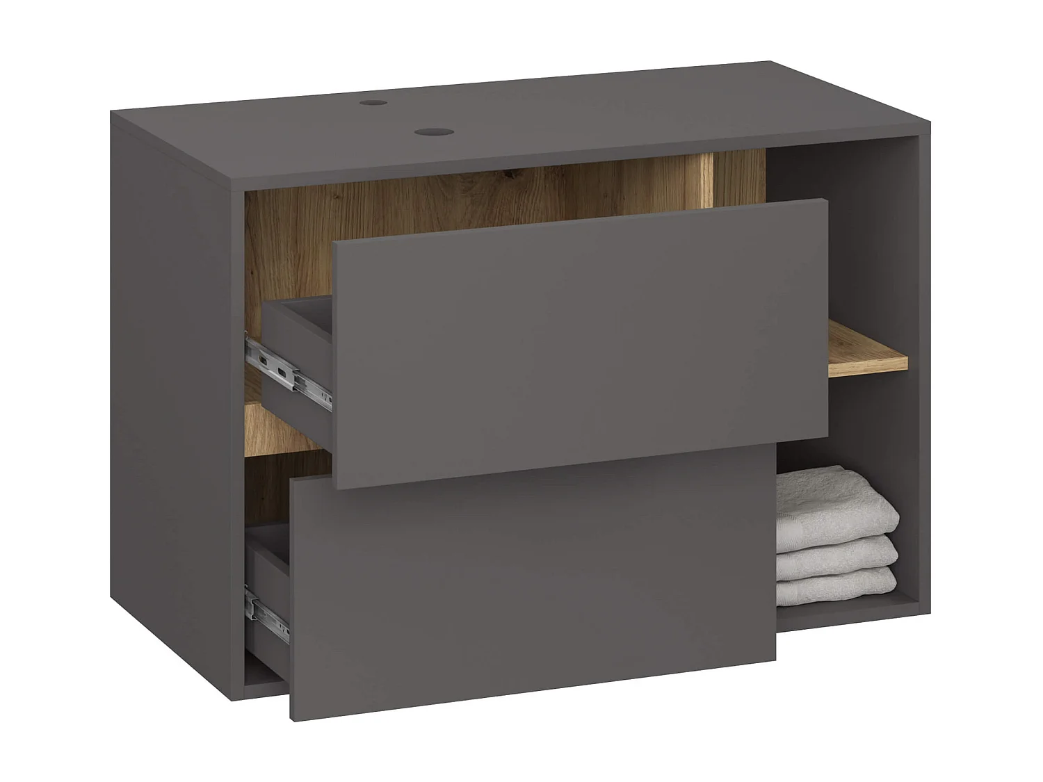 Gabinete Suspenso VAMI 90cm Grafite/Carvalho Artesanal p/ Pia - 2 Gavetas 2 Prateleiras