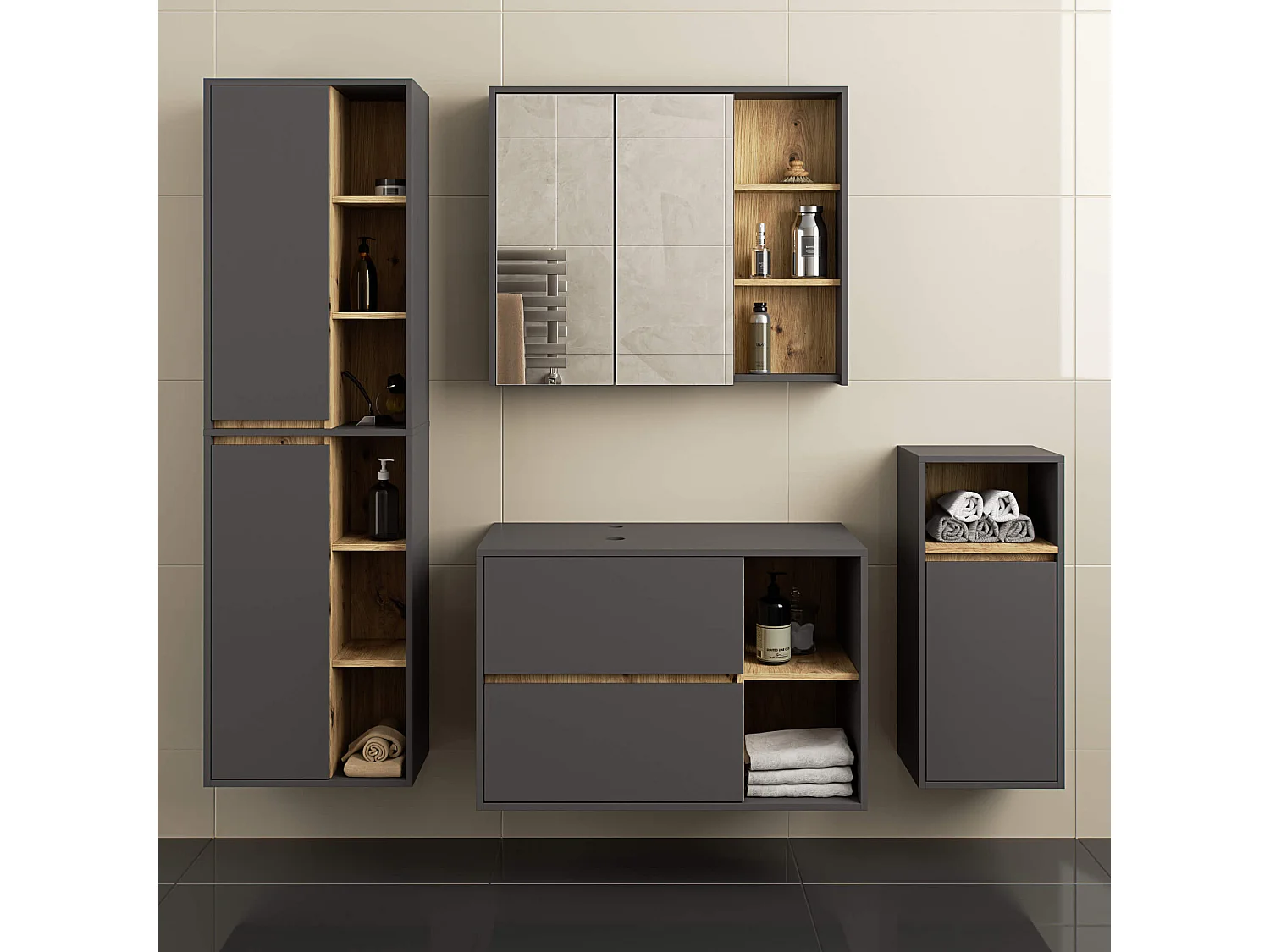 Gabinete Suspenso VAMI 90cm Grafite/Carvalho Artesanal p/ Pia - 2 Gavetas 2 Prateleiras