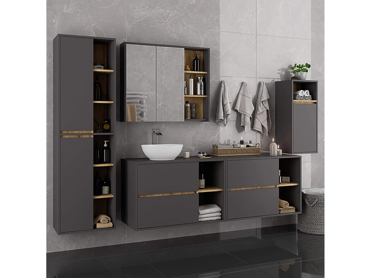 Gabinete Suspenso VAMI 90cm Grafite/Carvalho Artesanal p/ Pia - 2 Gavetas 2 Prateleiras