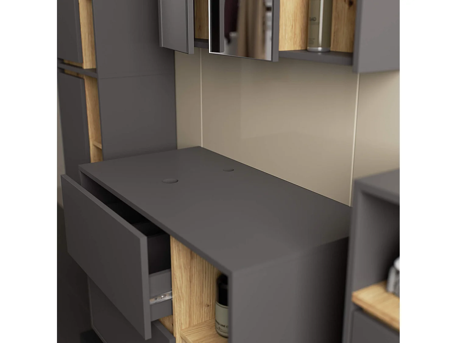 Gabinete Suspenso VAMI 90cm Grafite/Carvalho Artesanal p/ Pia - 2 Gavetas 2 Prateleiras