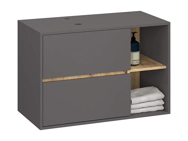 Gabinete Suspenso VAMI 90cm Grafite/Carvalho Artesanal p/ Pia - 2 Gavetas 2 Prateleiras