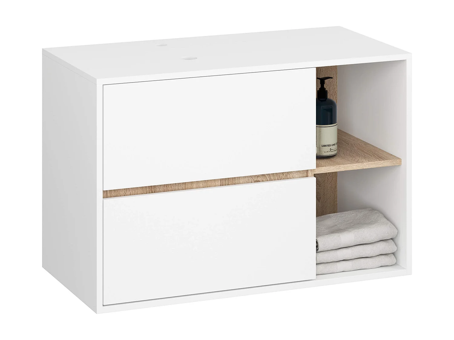 Gabinete Suspenso de Banheiro VAMI 90cm 2 Gavetas 2 Prateleiras Branco/Carvalho Sonoma