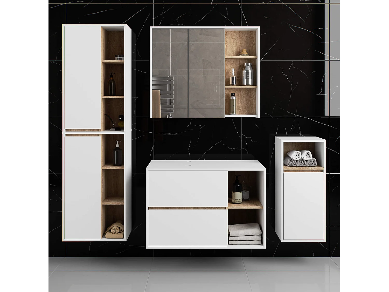 Gabinete Suspenso de Banheiro VAMI 90cm 2 Gavetas 2 Prateleiras Branco/Carvalho Sonoma