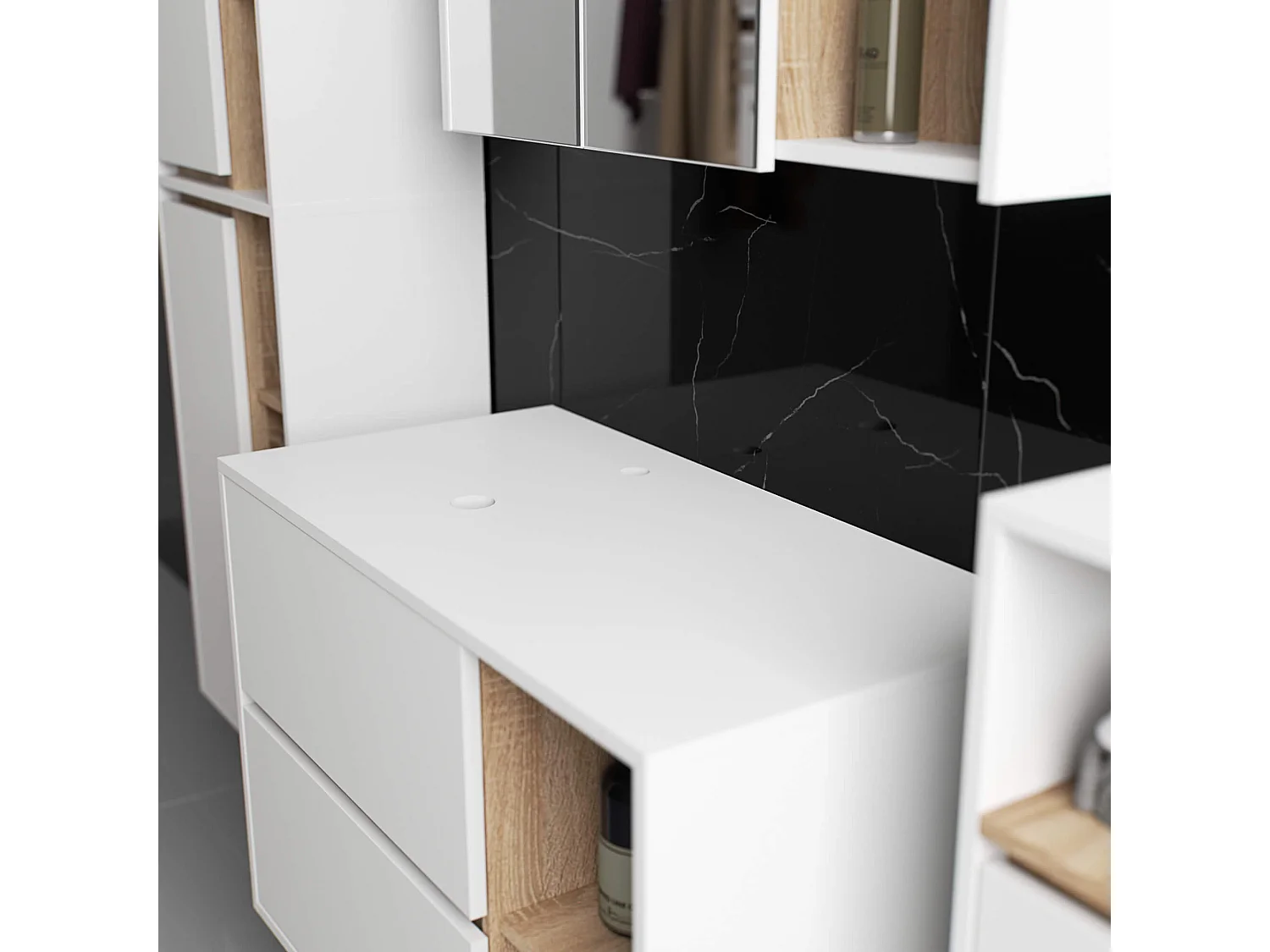 Gabinete Suspenso de Banheiro VAMI 90cm 2 Gavetas 2 Prateleiras Branco/Carvalho Sonoma