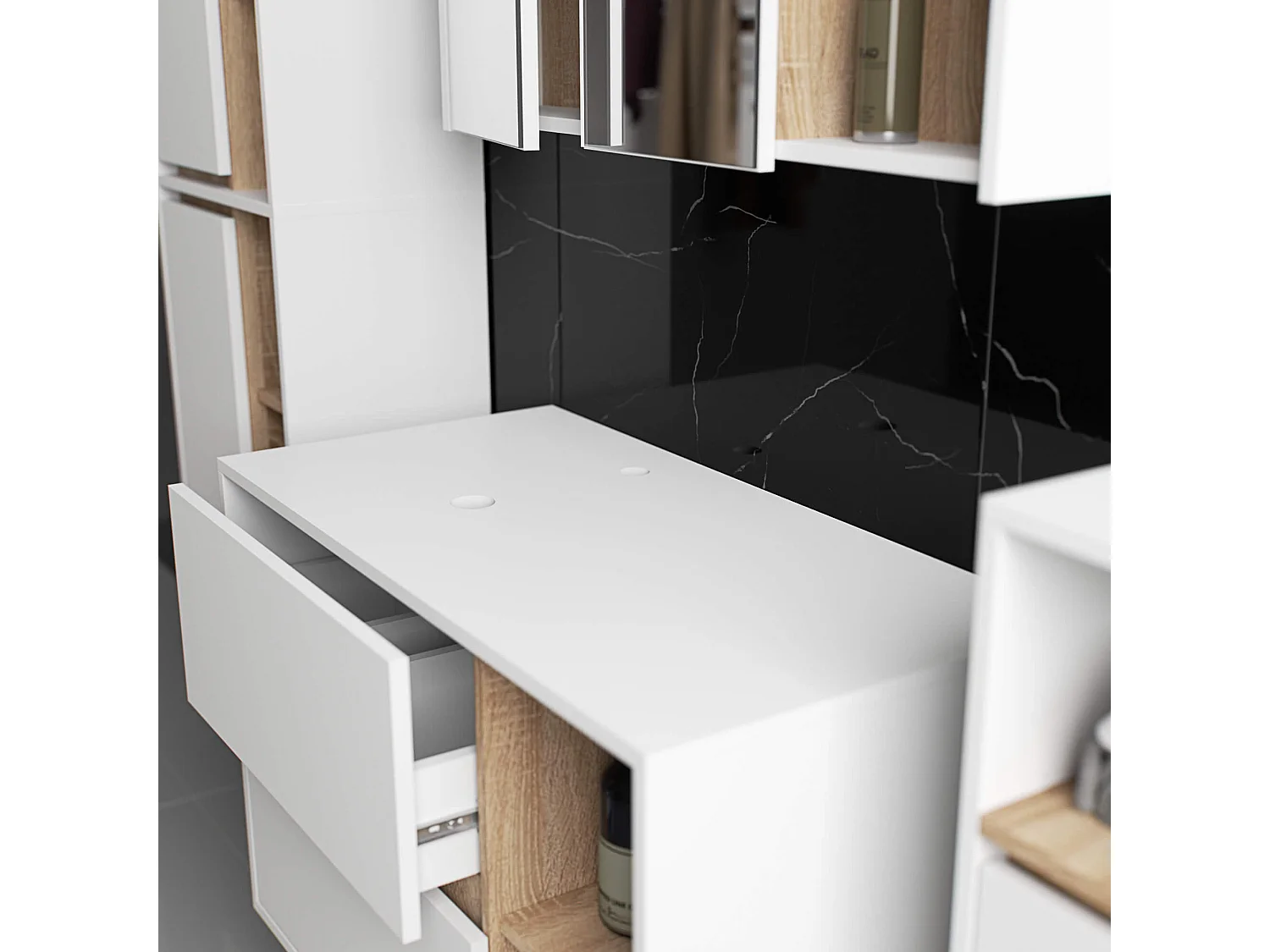 Gabinete Suspenso de Banheiro VAMI 90cm 2 Gavetas 2 Prateleiras Branco/Carvalho Sonoma