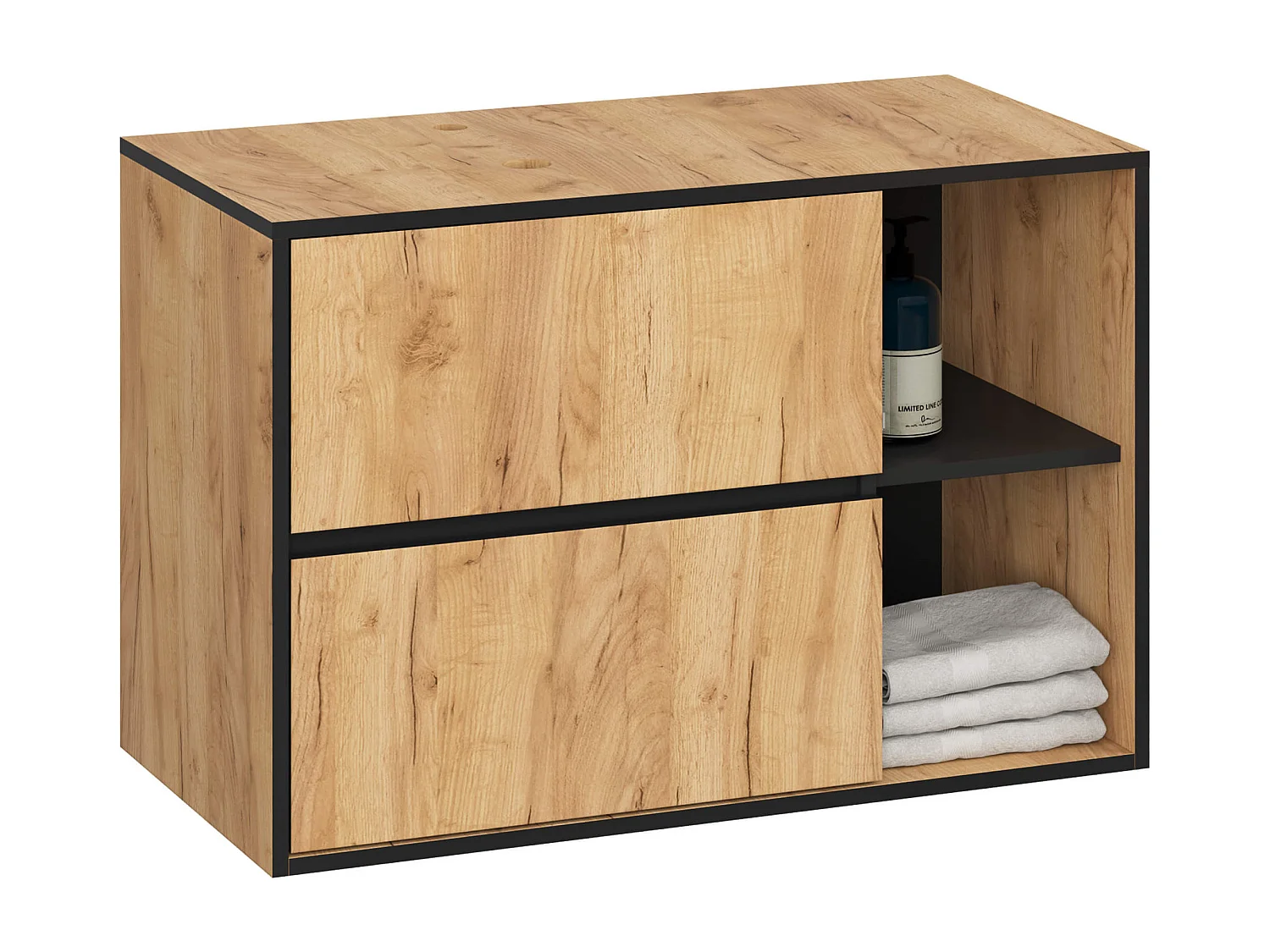 Gabinete Suspenso p/ Lavatório 90cm VAMI 2 Gavetas 2 Prateleiras Carvalho Craft/Preto