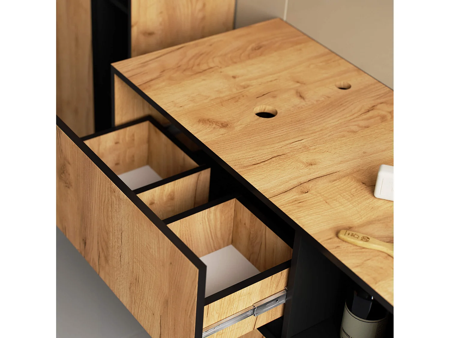 Gabinete Suspenso p/ Lavatório 90cm VAMI 2 Gavetas 2 Prateleiras Carvalho Craft/Preto