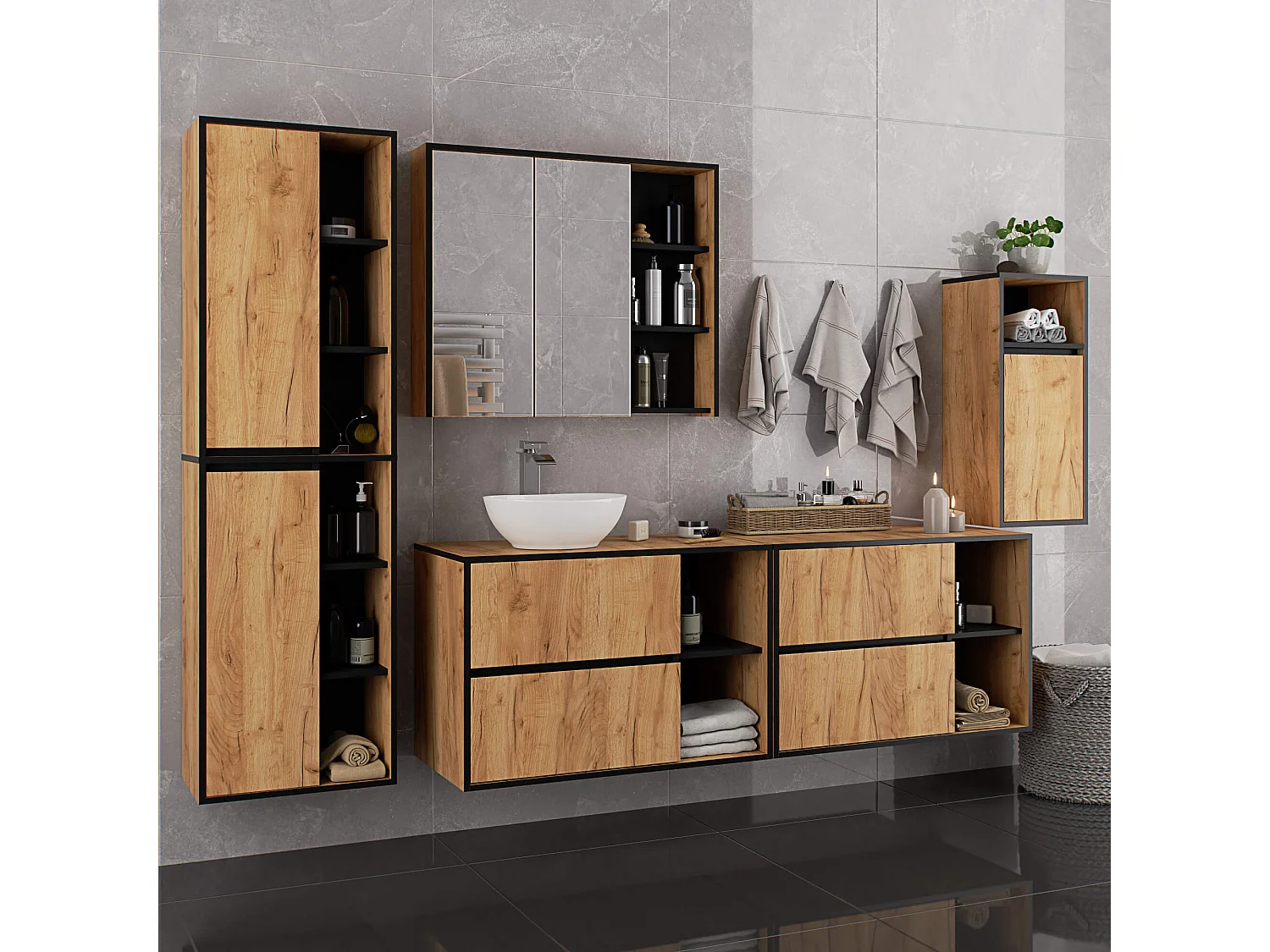 Gabinete Suspenso p/ Lavatório 90cm VAMI 2 Gavetas 2 Prateleiras Carvalho Craft/Preto