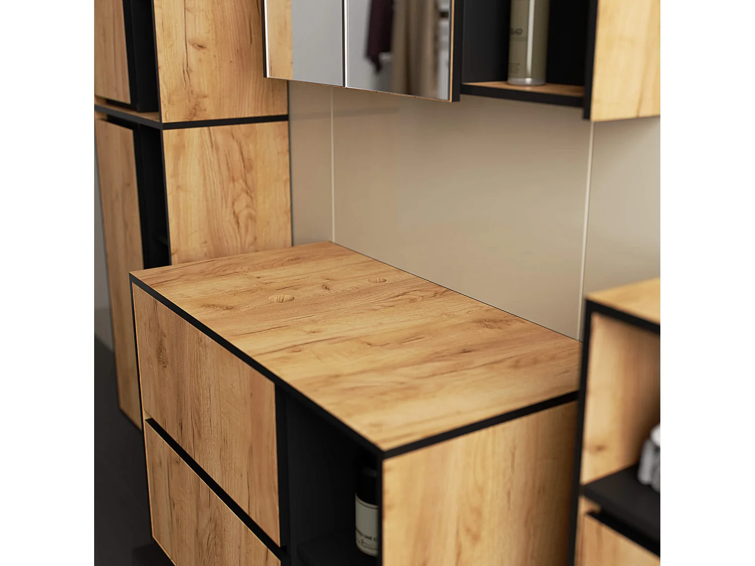 Gabinete Suspenso p/ Lavatório 90cm VAMI 2 Gavetas 2 Prateleiras Carvalho Craft/Preto