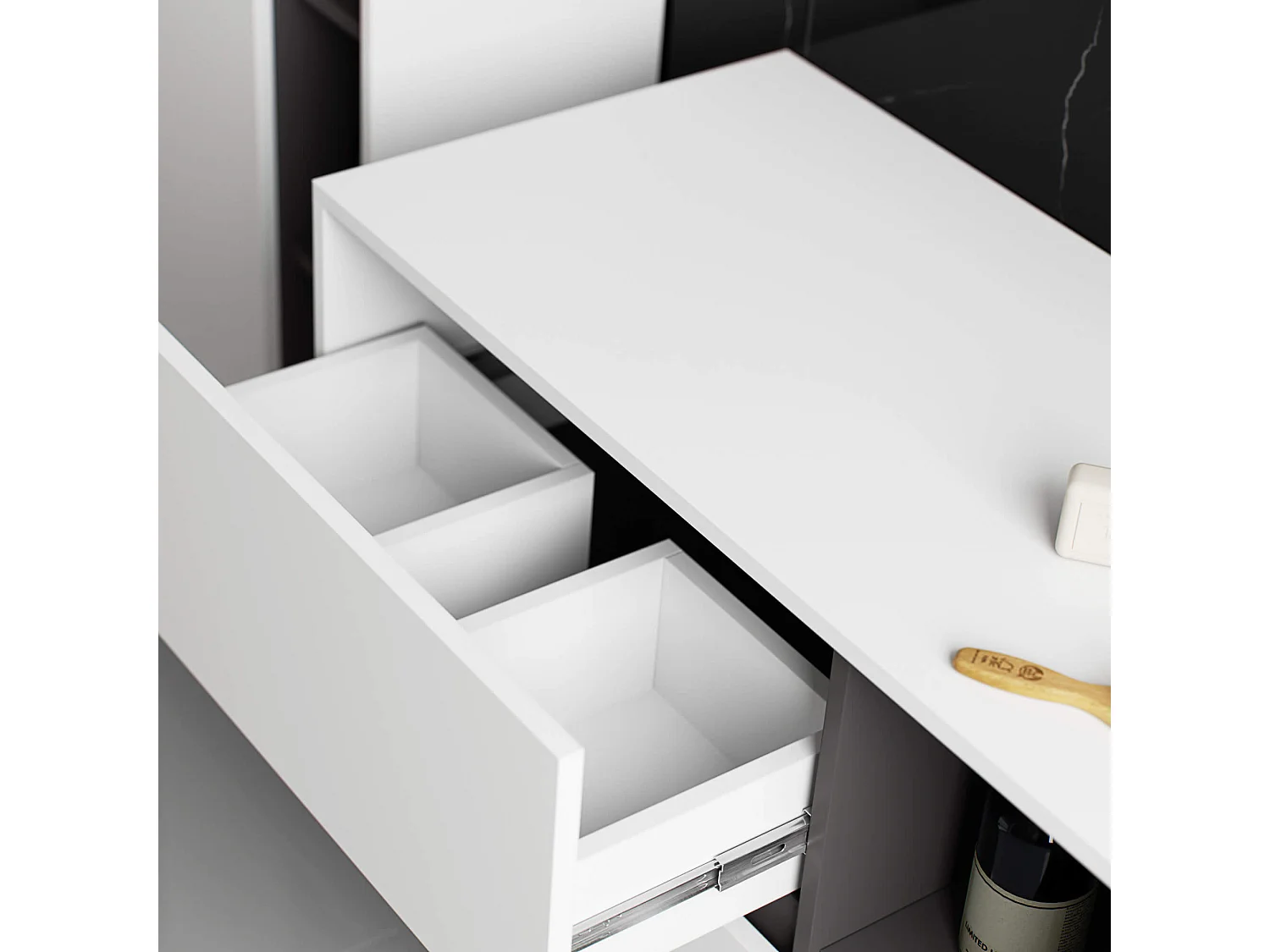 Gabinete Suspenso para Lavabo Vami W90 com 2 Gavetas e 2 Prateleiras Branco/Cinza Grafite