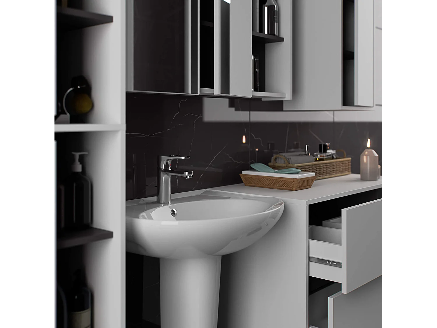 Gabinete Suspenso para Lavabo Vami W90 com 2 Gavetas e 2 Prateleiras Branco/Cinza Grafite