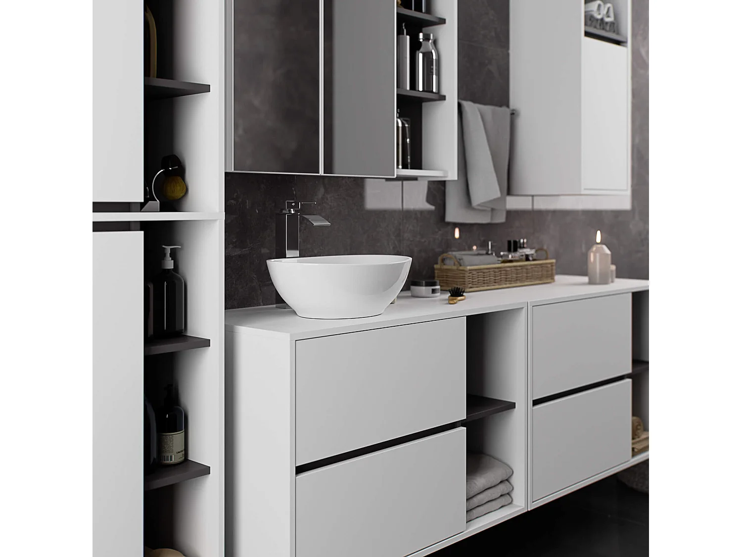 Gabinete Suspenso para Lavabo Vami W90 com 2 Gavetas e 2 Prateleiras Branco/Cinza Grafite