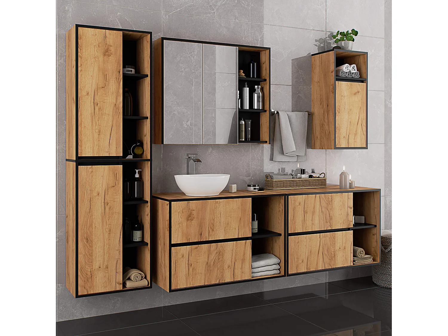 Armário Suspenso para Lavabo VAMI W90 Carvalho/Preto com 2 Gavetas e 2 Prateleiras