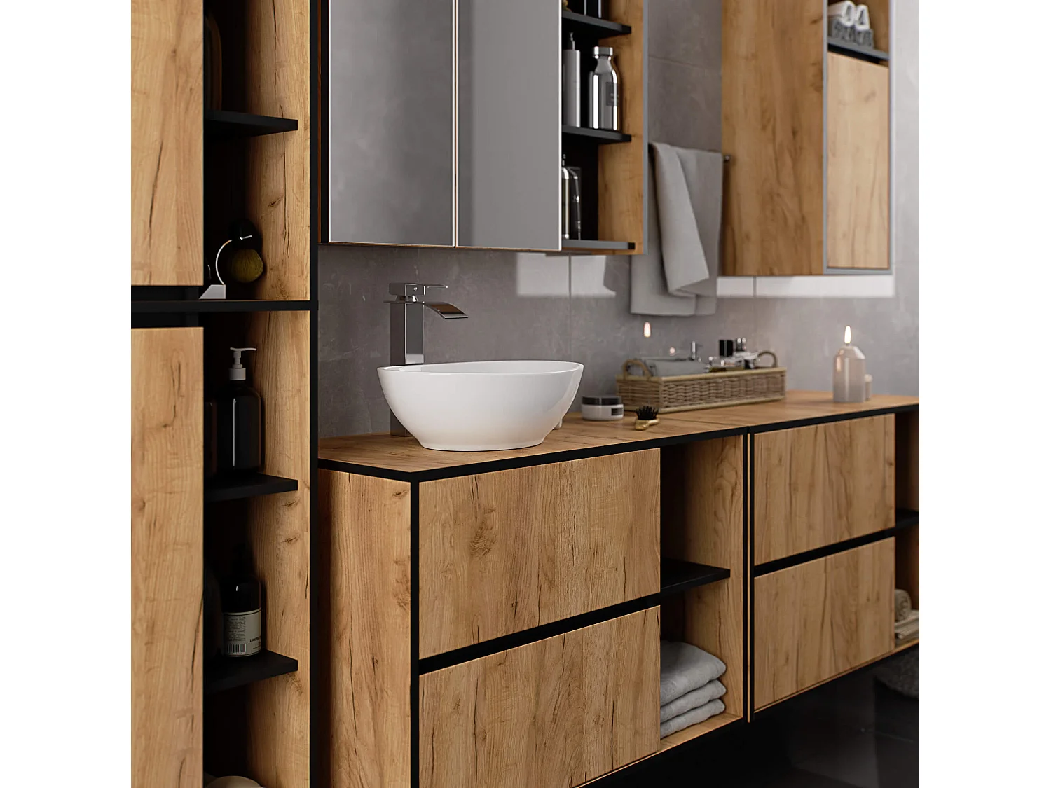 Armário Suspenso para Lavabo VAMI W90 Carvalho/Preto com 2 Gavetas e 2 Prateleiras