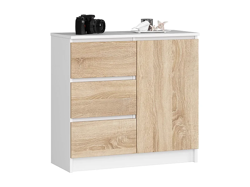 Gaveta Jerry 80cm Moderna - Branco/Carvalho de Sonoma, 3 Gavetas 1 Porta