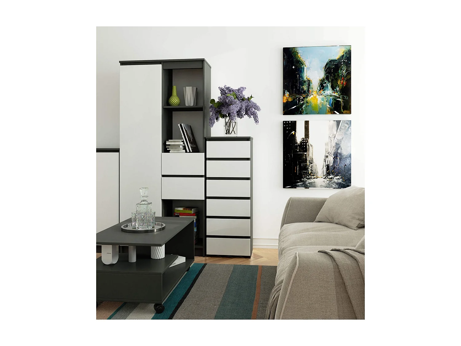 Cômoda Moderna Grafite Cinza/Branca 6 Gavetas - MDF Laminado 40x109x35 cm