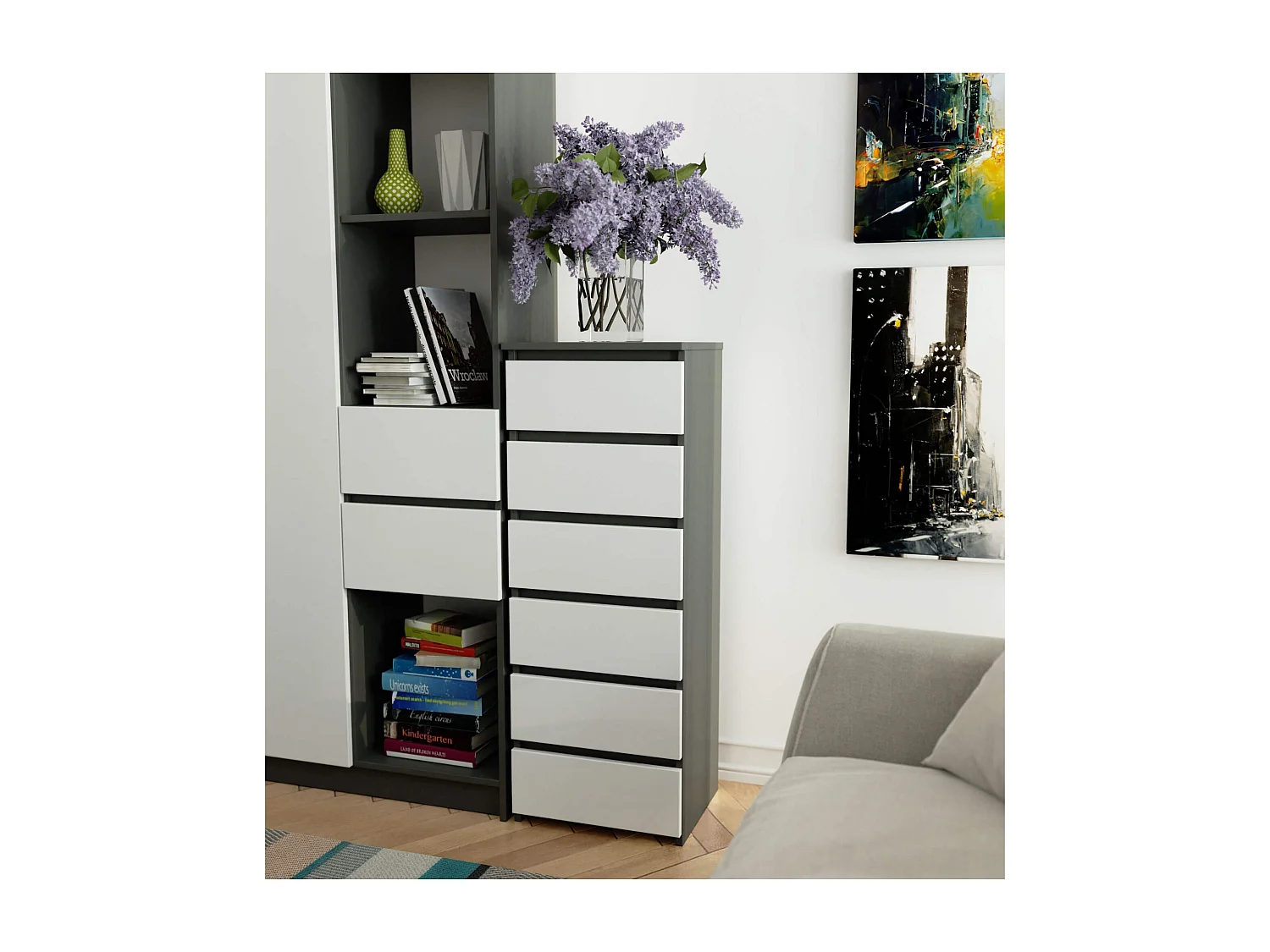 Cômoda Moderna Grafite Cinza/Branca 6 Gavetas - MDF Laminado 40x109x35 cm