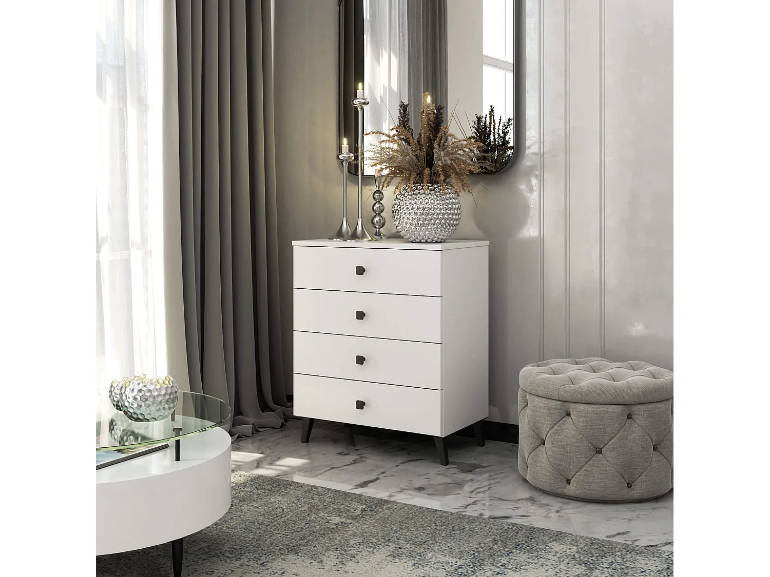 Cômoda Moderna MOBI K-04, Branco e Preto, 4 Gavetas, 60x73x37 cm