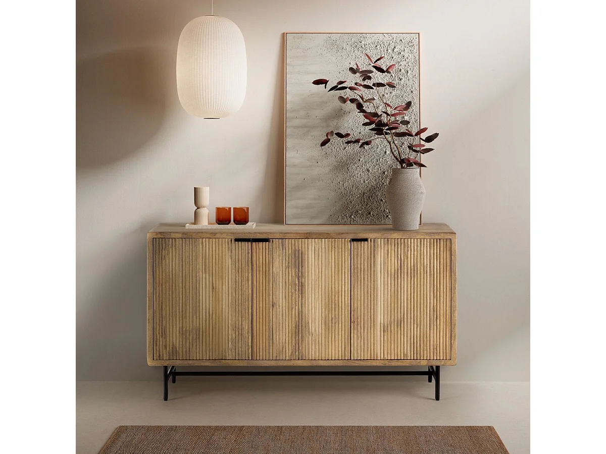 Buffet 3 portes en manguier massif relief graphique vertical piètement métal laqué noir - MELKA